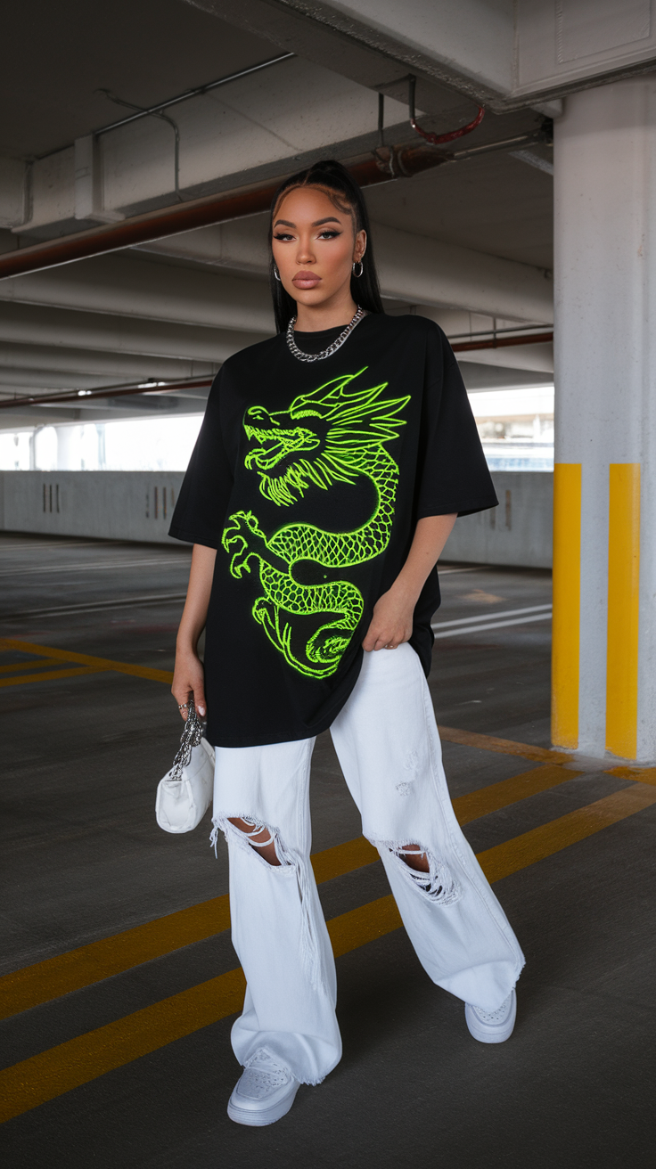 Teen girl in oversized graphic tee and ripped white jeans, edgy style