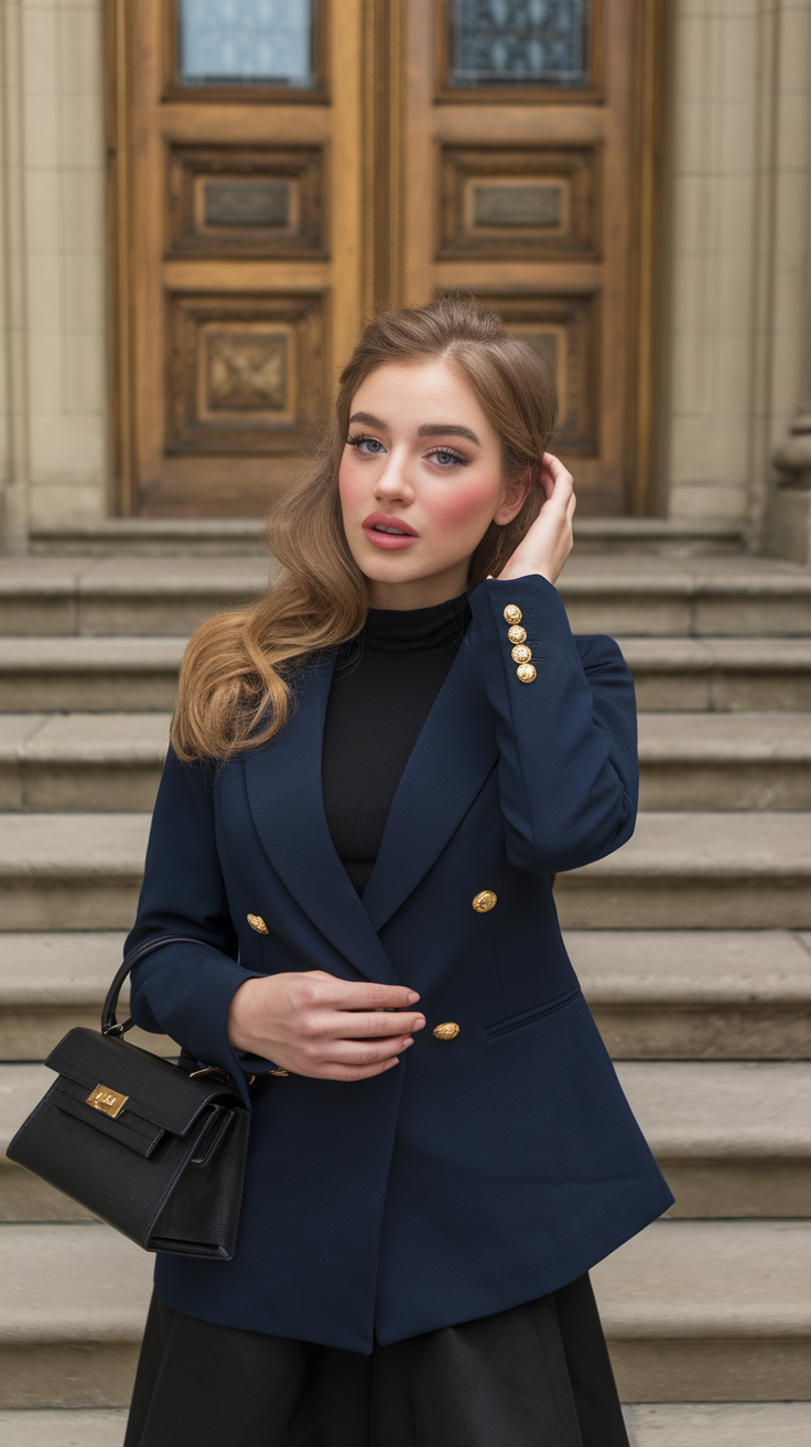 Teen girl in navy blazer and black outfit, sophisticated style