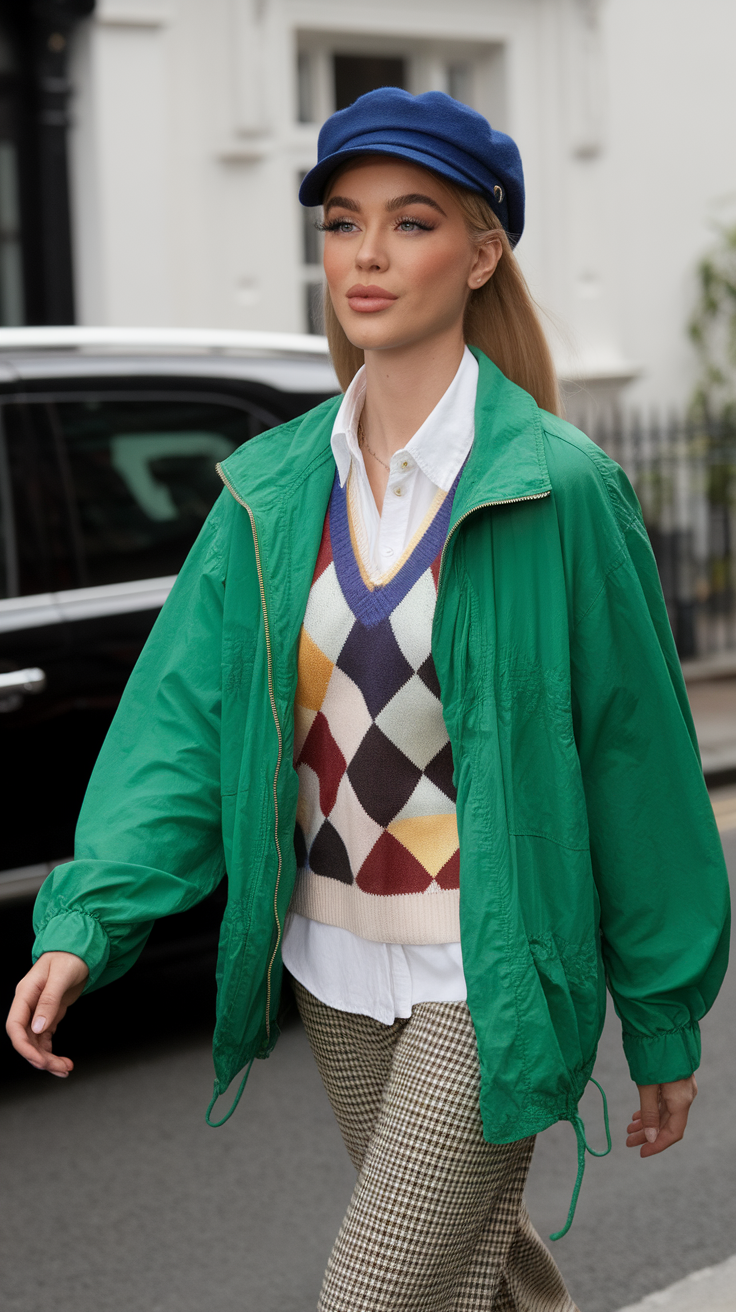 Teen girl in argyle vest and green jacket, retro-inspired style