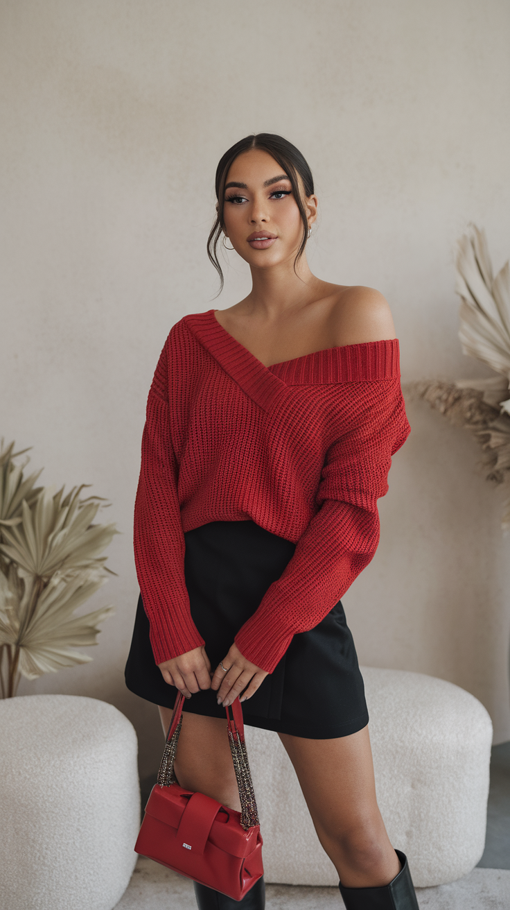 Teen girl in red sweater and black skirt, bold spring fashion