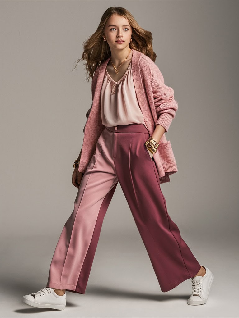 Teen girl in pastel cardigan and trousers, soft spring style