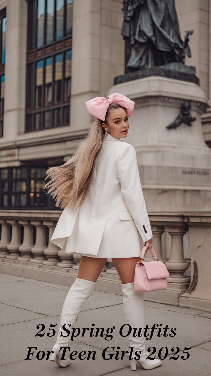 Teen girl in white outfit with pink accents, whimsical style
