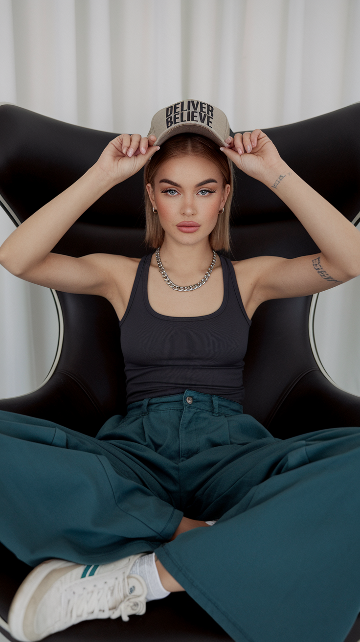 Teen girl in tank top and wide pants, sporty casual style