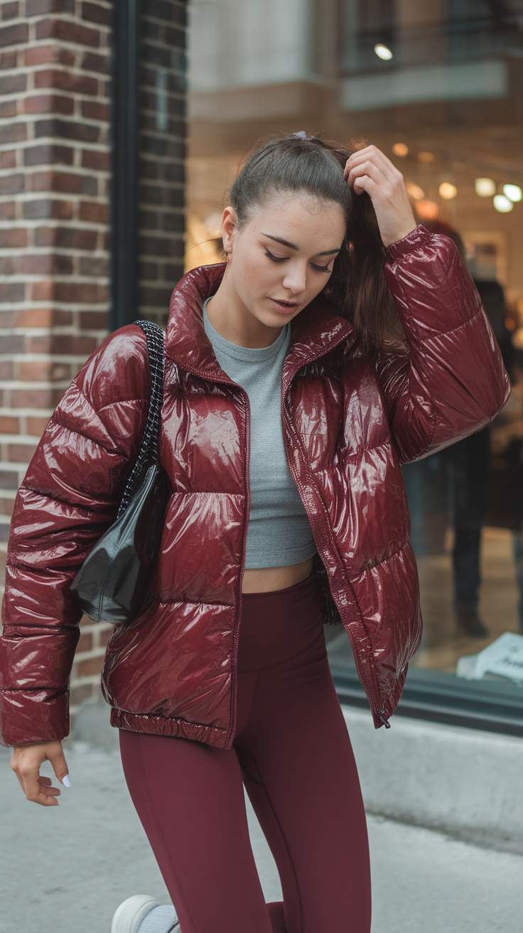 Teen girl in glossy jacket and leggings, athletic chic style