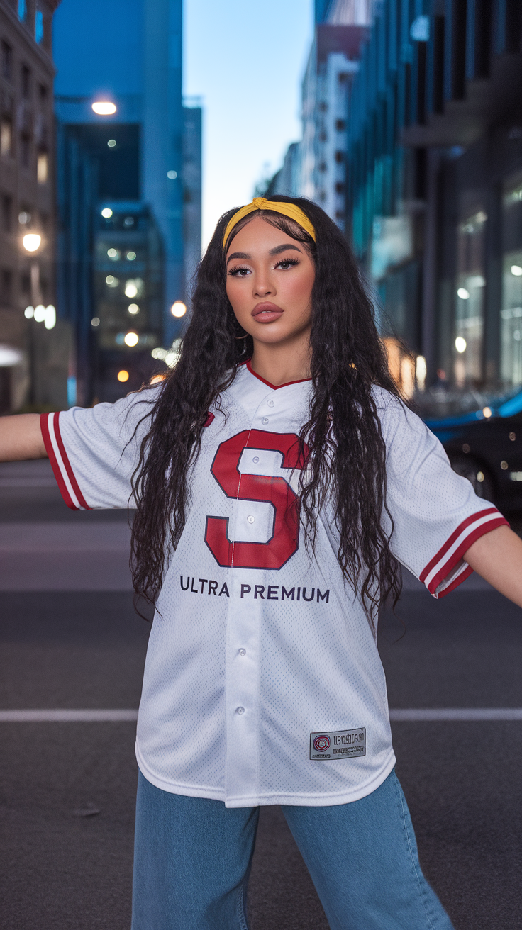Teen girl in baseball jersey with jeans, sporty street style
