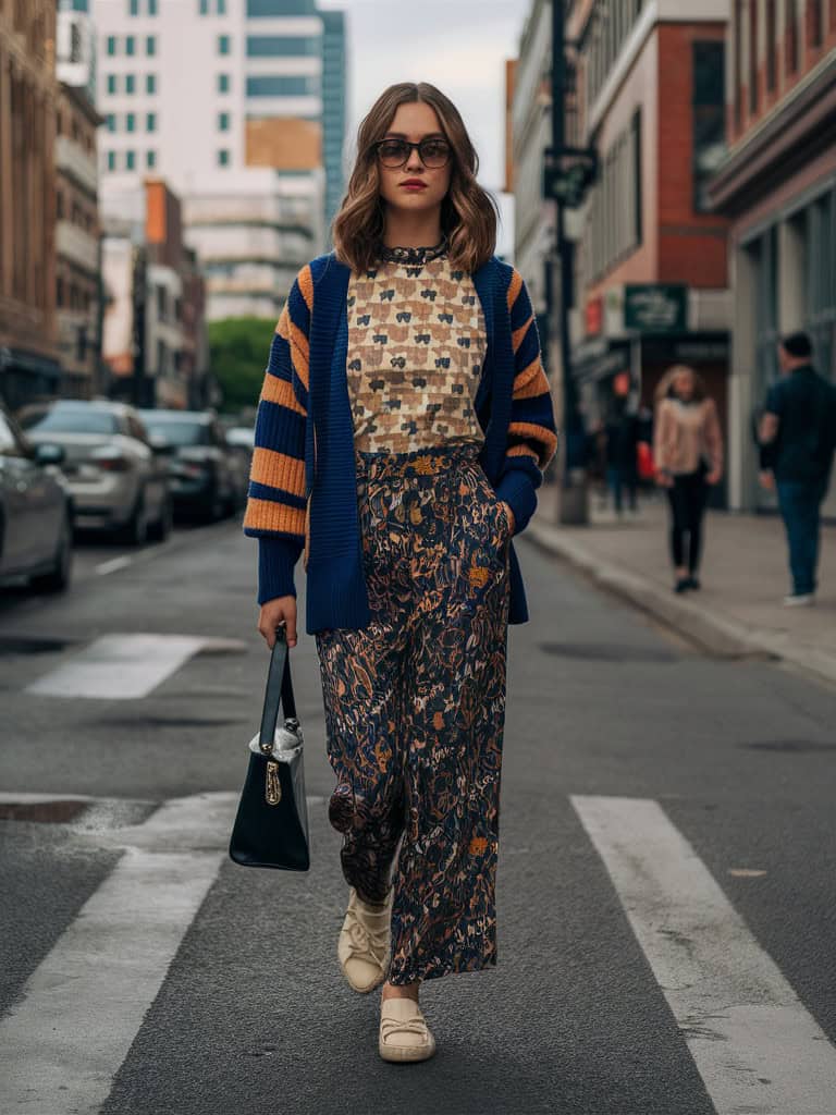 Teen girl in patterned layers, creative street style