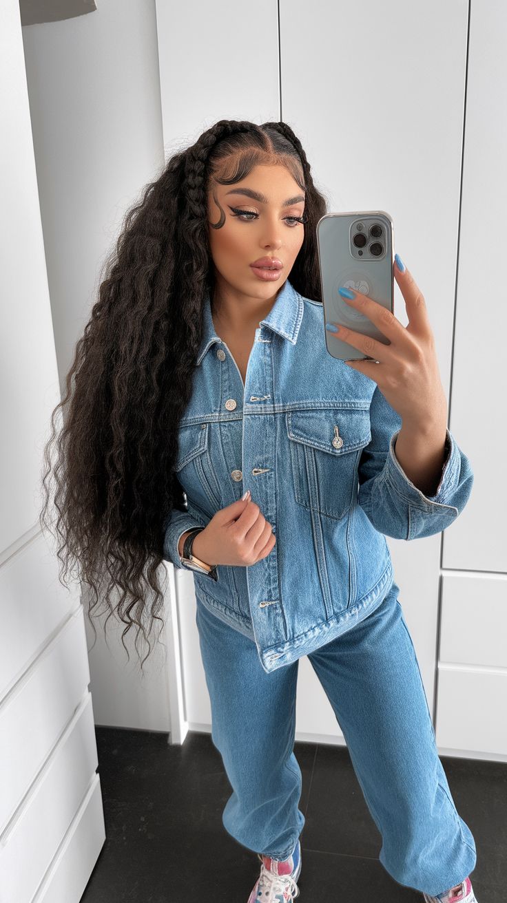 Teen girl in denim jacket and jeans, classic casual style