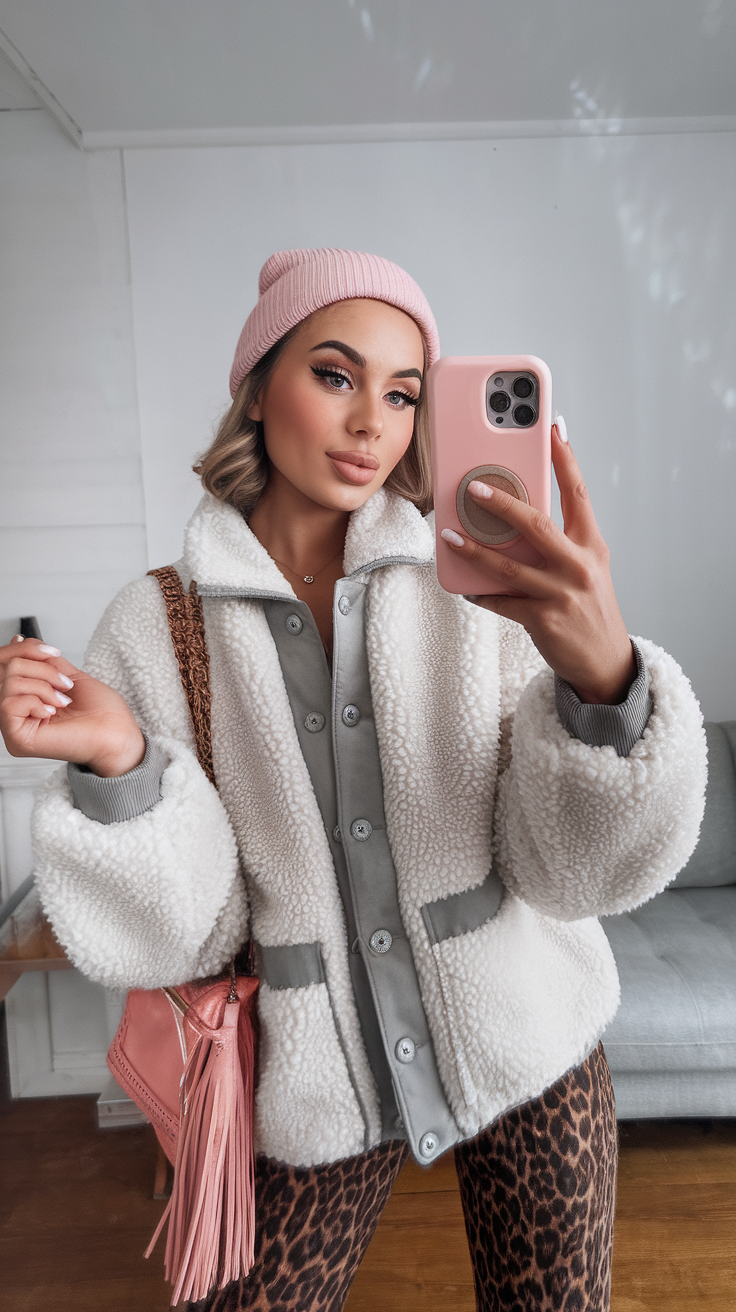 Teen girl in cozy jacket and leopard print, winter casual style