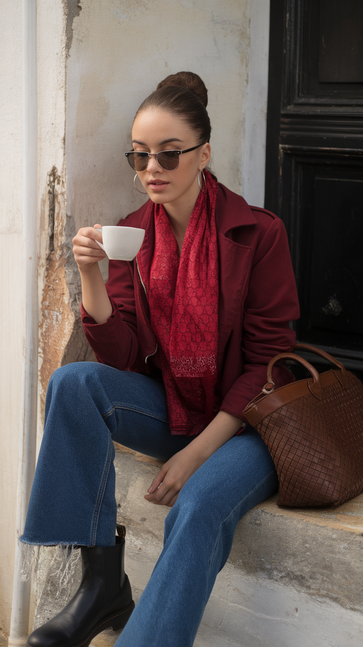Teen girl in burgundy jacket and jeans, earthy chic style