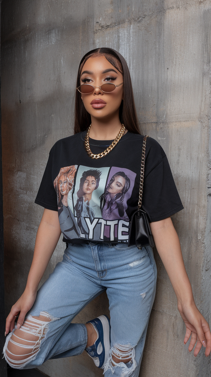 Teen girl in graphic tee and ripped jeans, edgy casual style