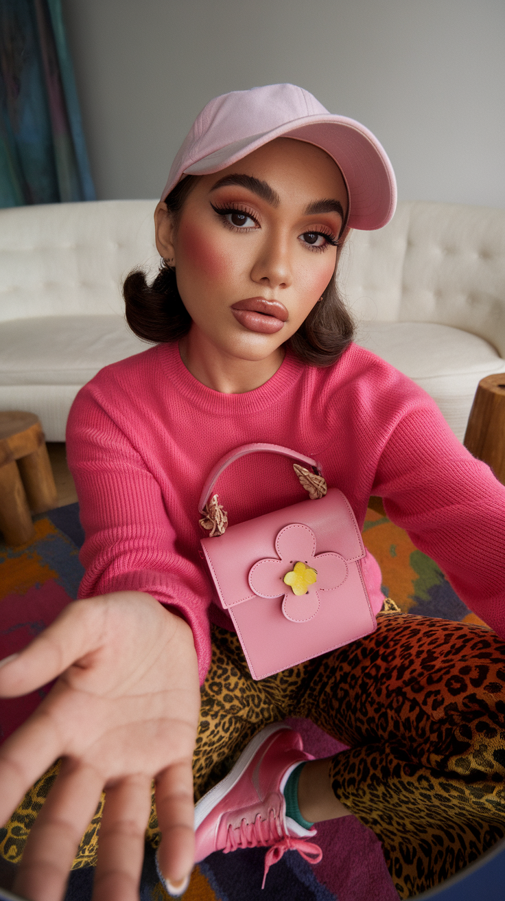 Teen girl in pink top with floral accessories, playful style