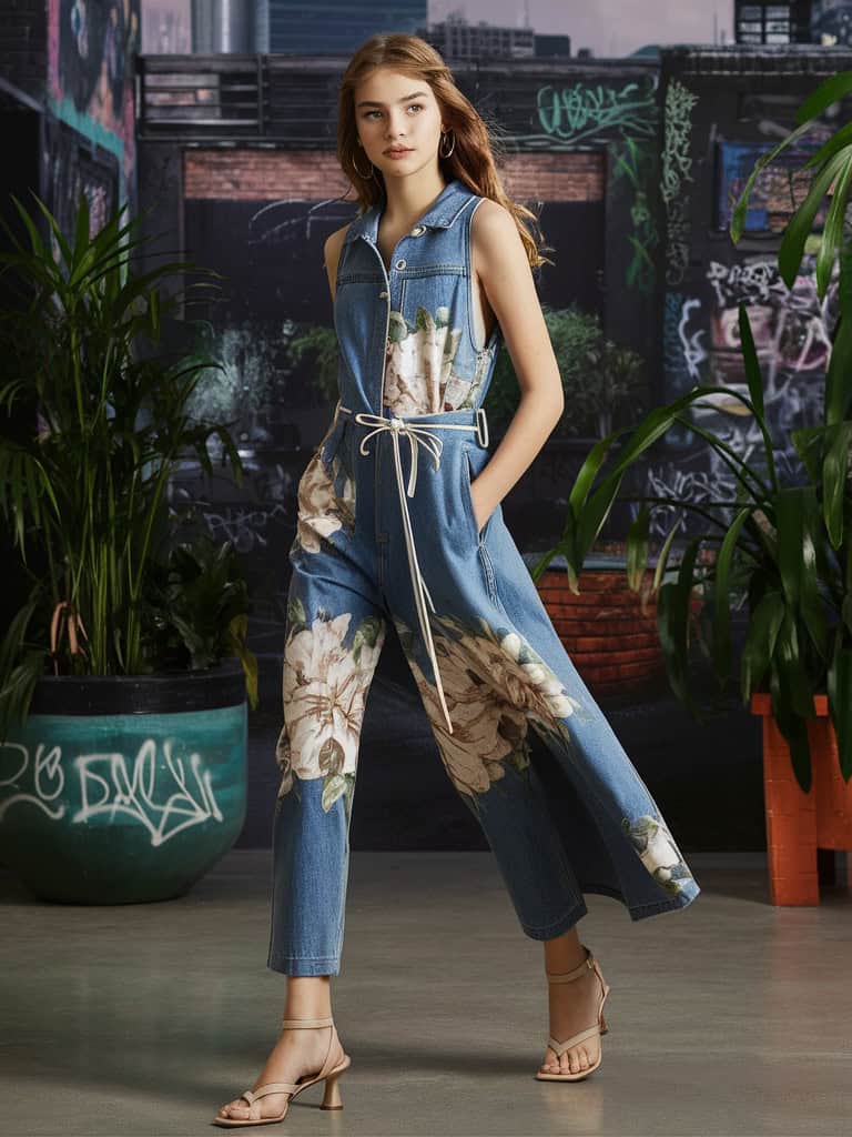 Teen girl in floral denim jumpsuit, urban chic style
