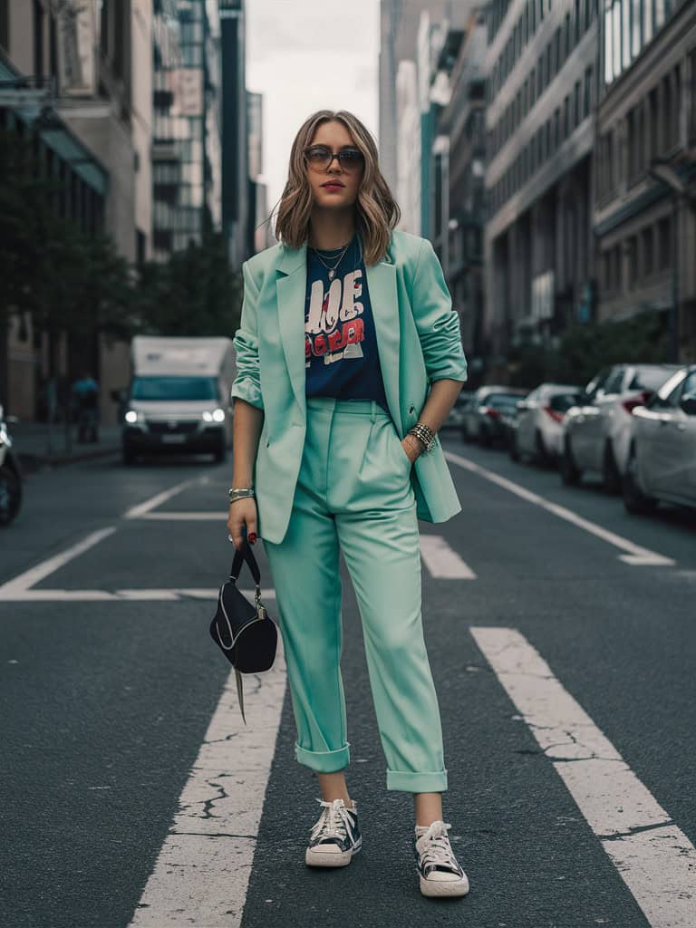 Teen girl in mint suit with graphic tee, edgy formal style