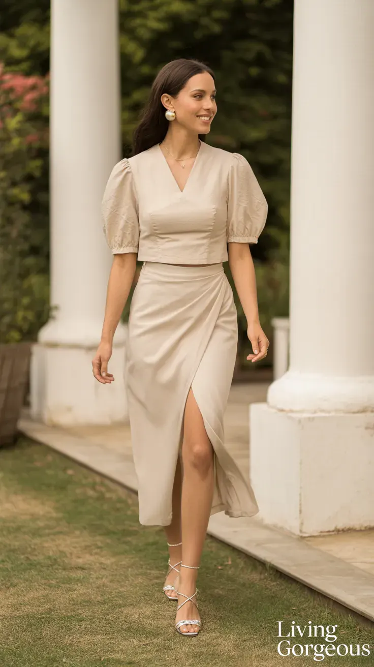 Wrap dress, puff sleeves, vintage-inspired elegance