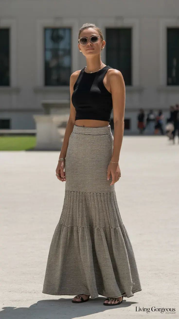 Striped maxi skirt, bohemian style, casual chic