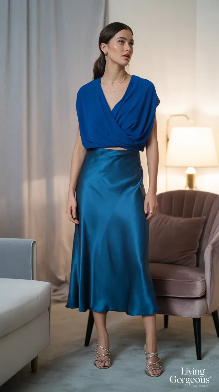 Silk skirt, vibrant blue, day-to-night outfit