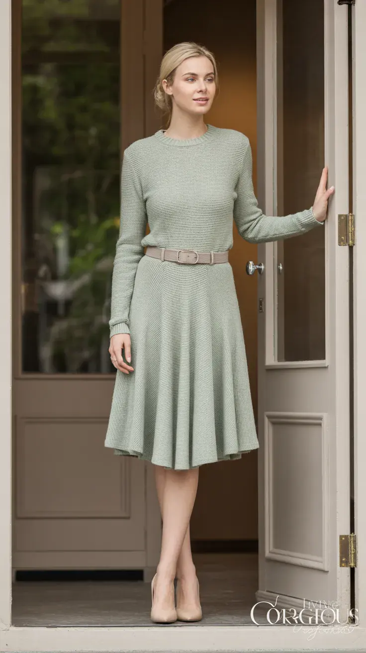 Green knit dress, classic style, timeless fashion