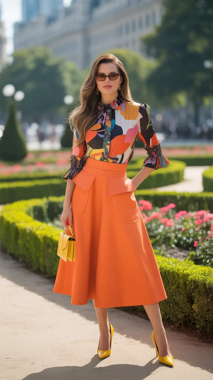 Colorful blouse, vibrant skirt, eclectic style