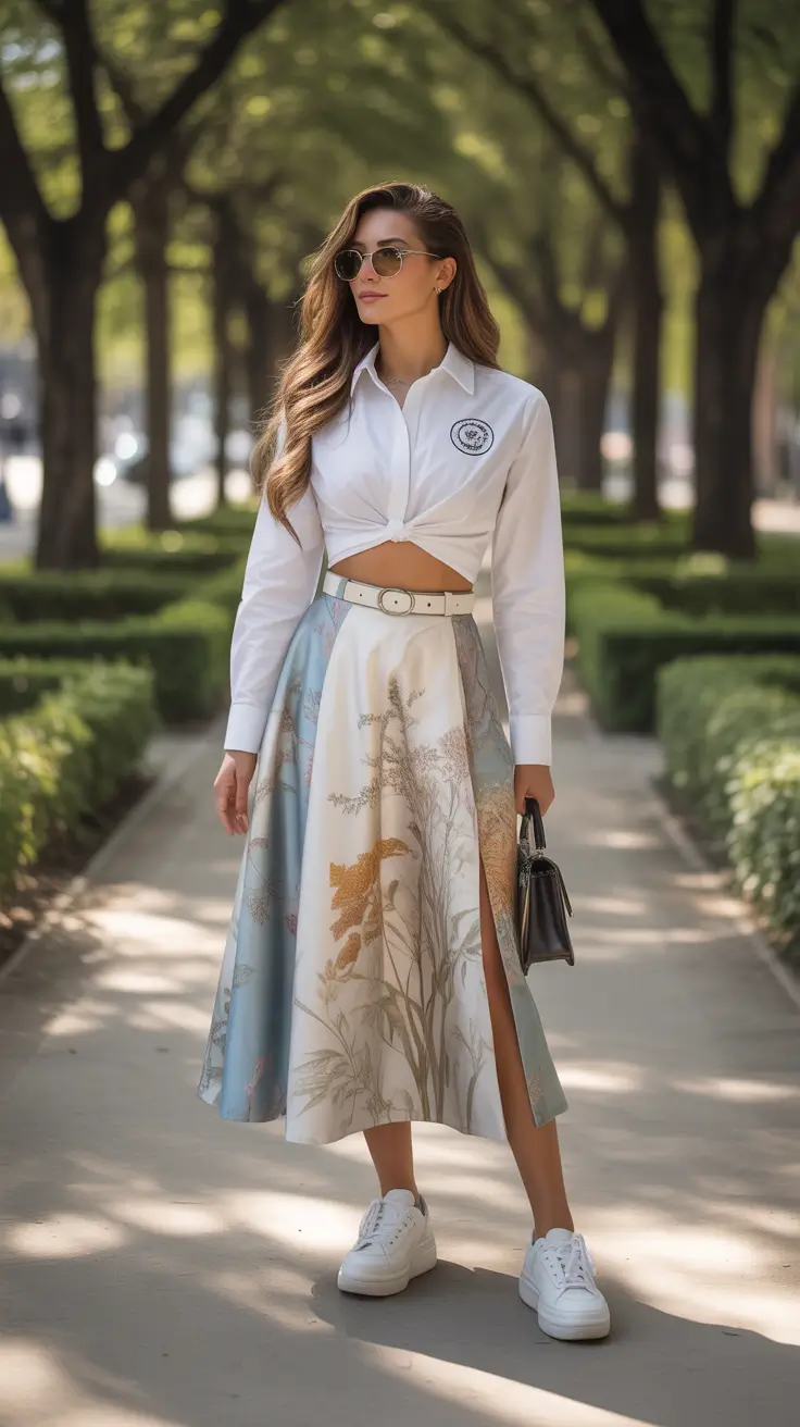 Floral skirt, white blouse, modern elegance