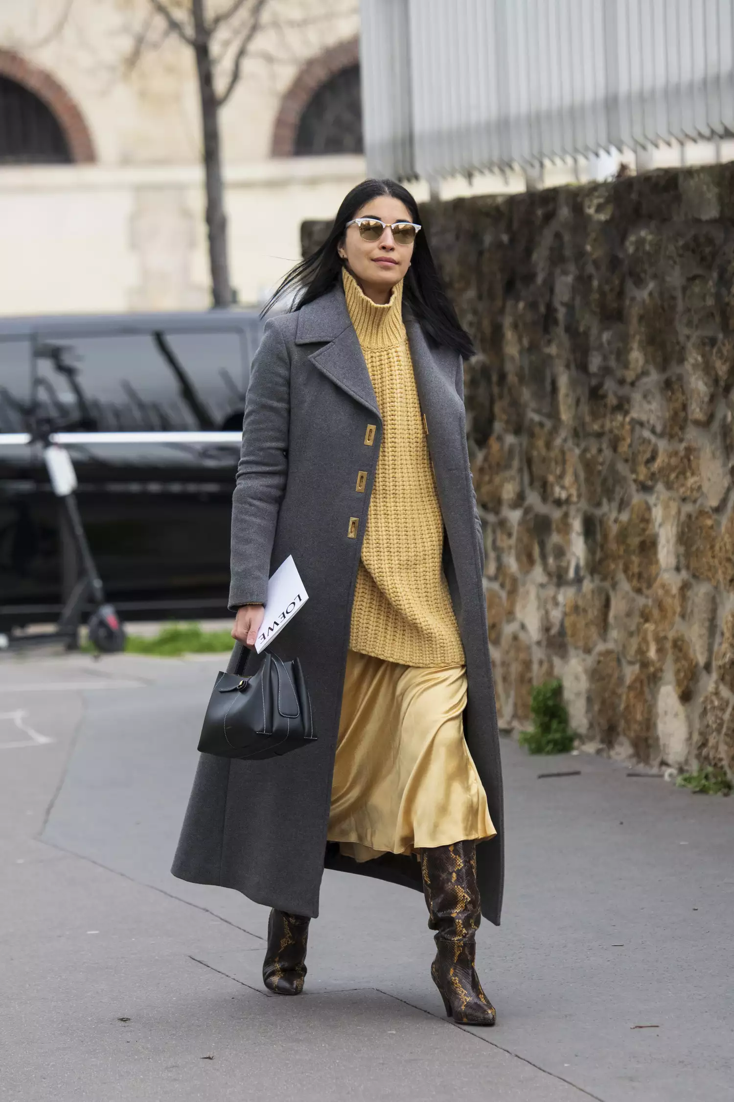 Layered outfit, satin skirt, winter fashion