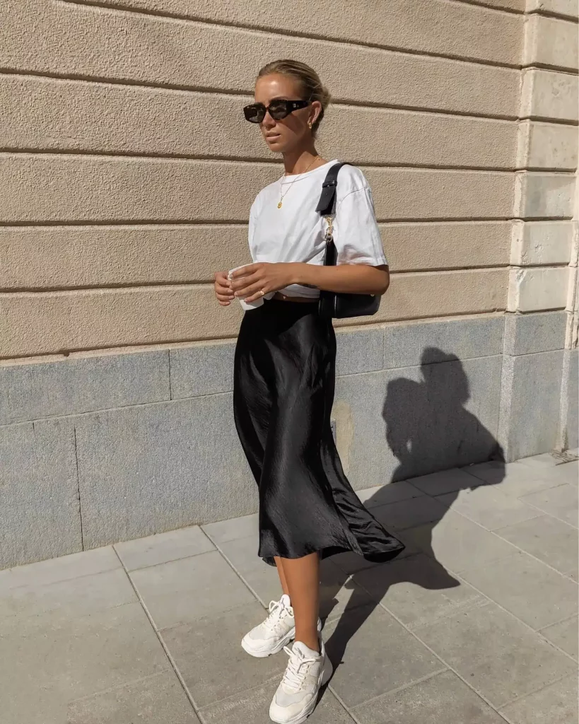 Silk skirt, white tee, casual chic