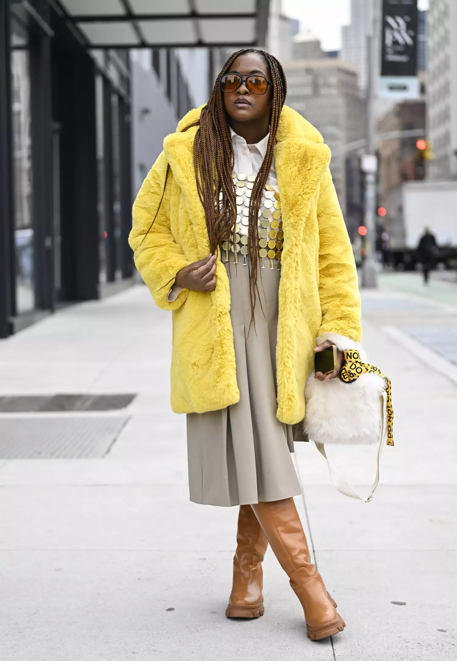 Gold skirt, knit sweater, metallic fashion