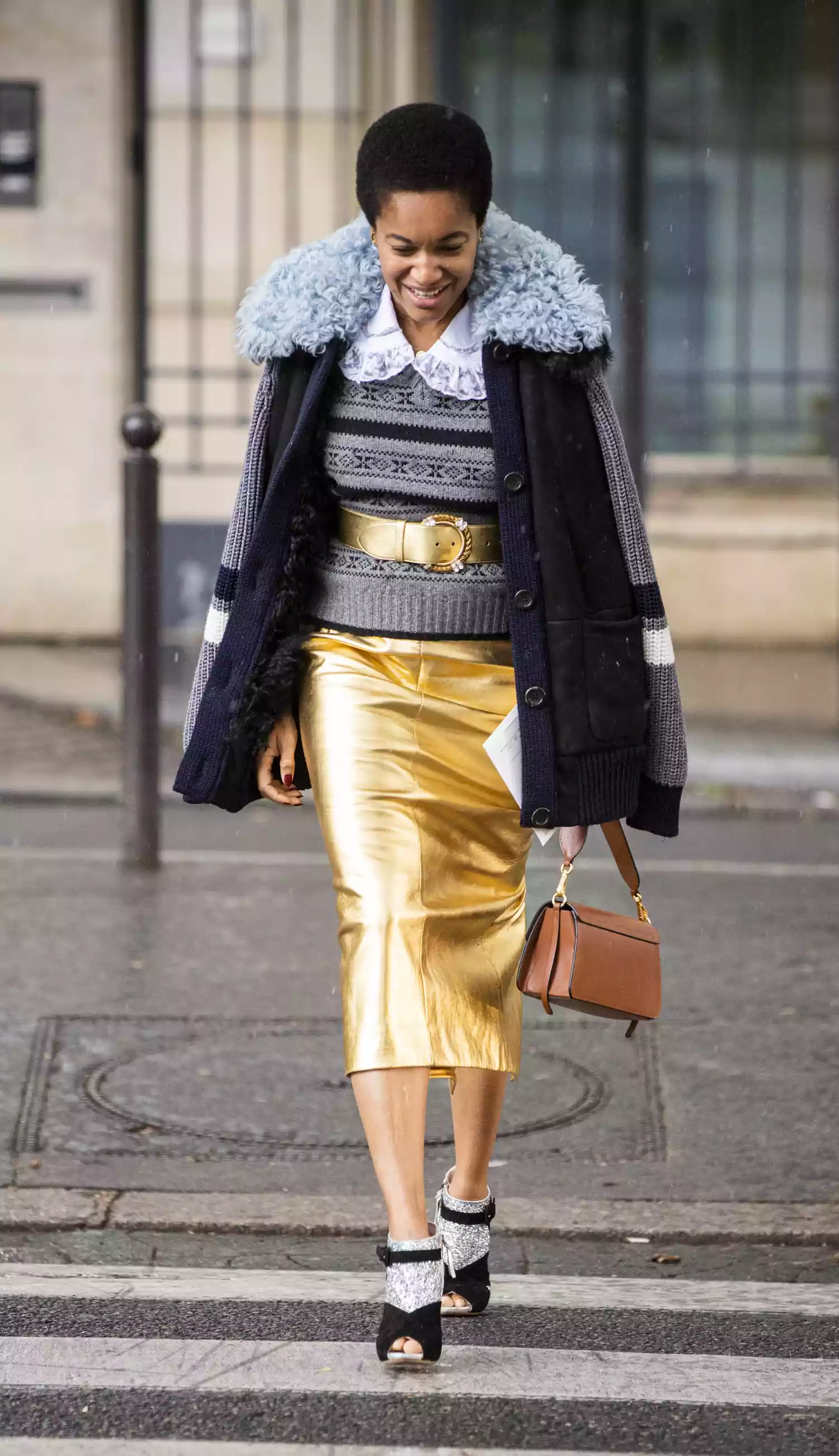 Floral skirt, black top, sophisticated style