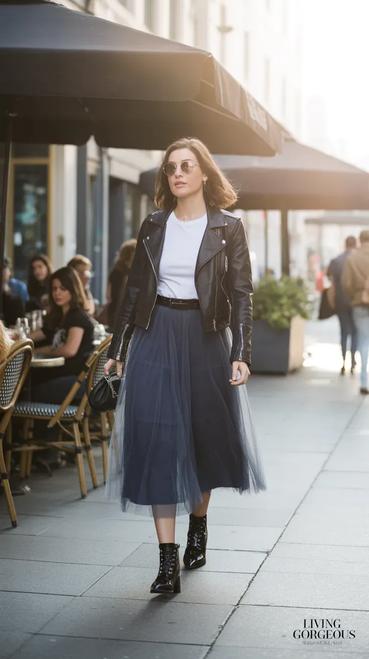 Tulle skirt, leather jacket, urban style