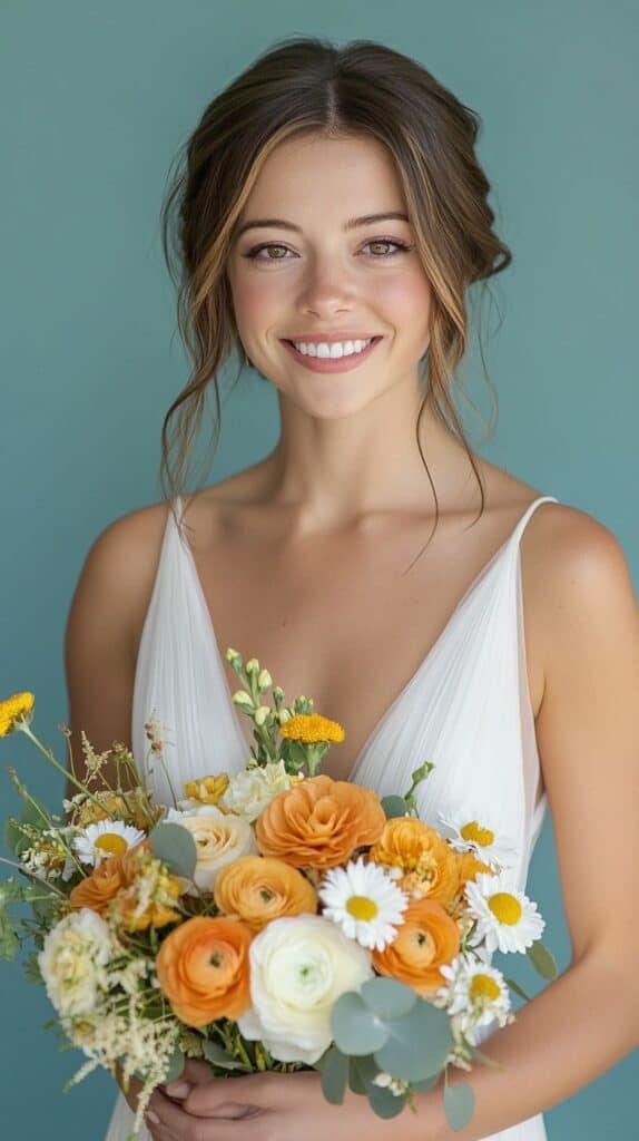 Bridal bouquet with yellow and white flowers, rustic spring vibe