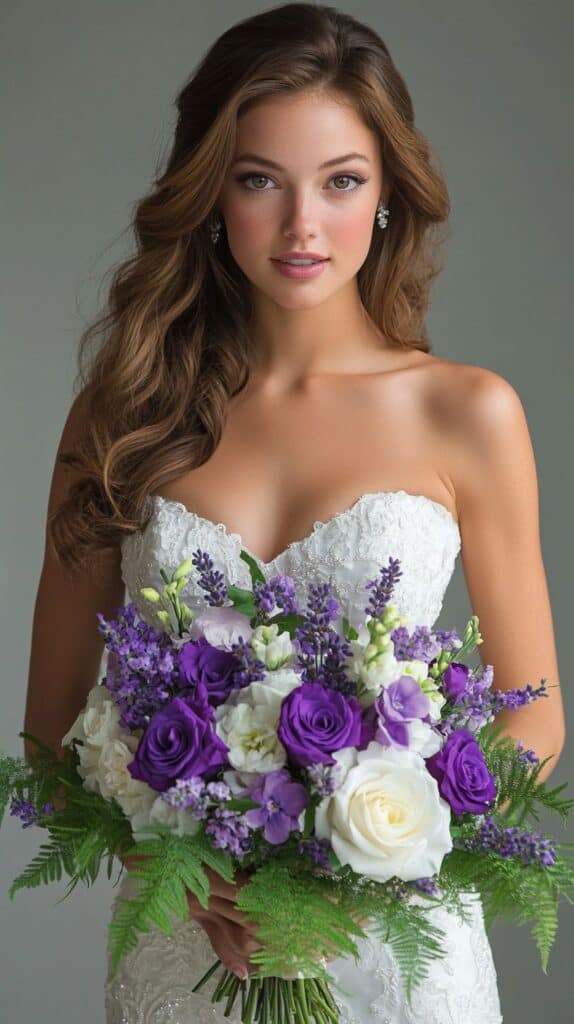 Bridal bouquet with purple and white flowers, bold and elegant