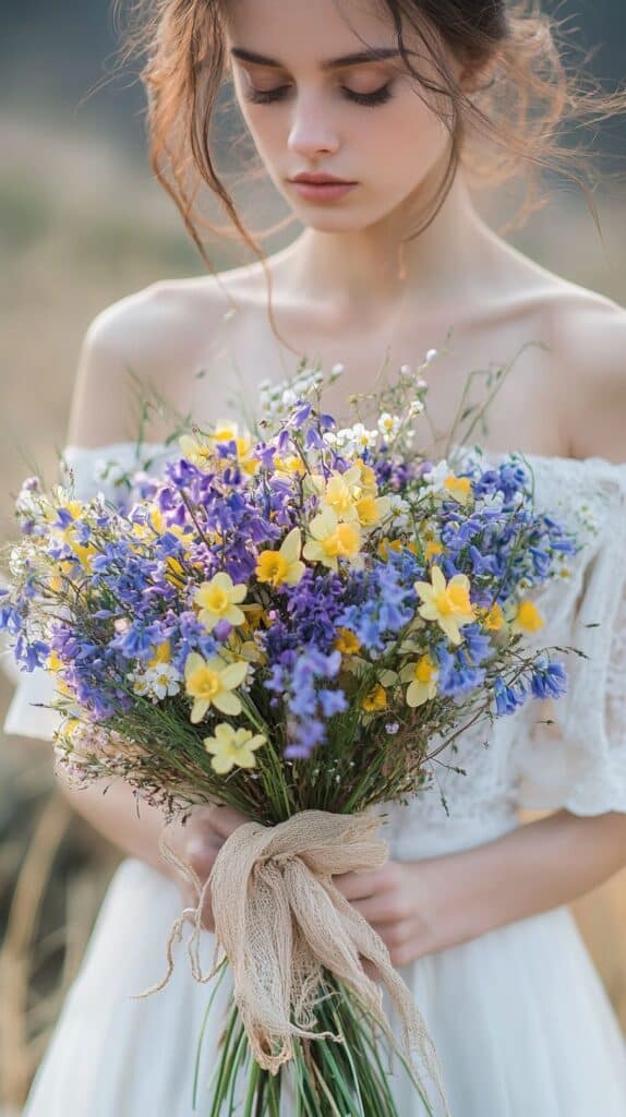 Wildflower bridal bouquet with pastel colors, bohemian spring wedding