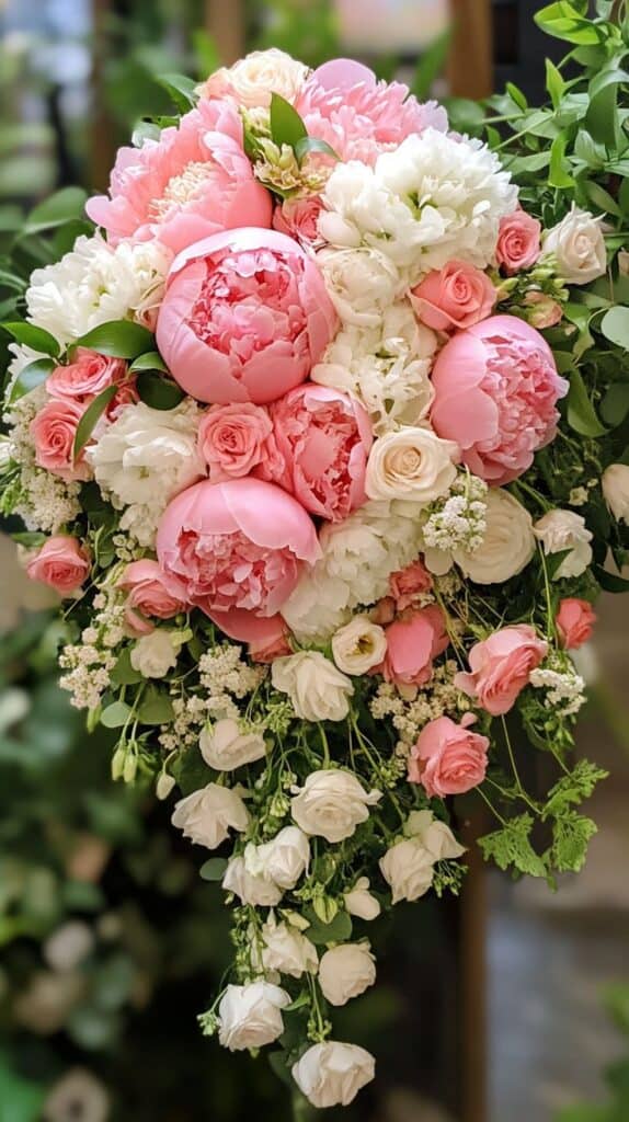 Cascading bridal bouquet with pink and white peonies, lush spring wedding