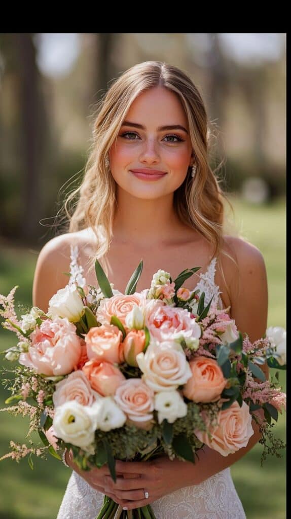 Bridal bouquet with peach and white roses, romantic spring wedding