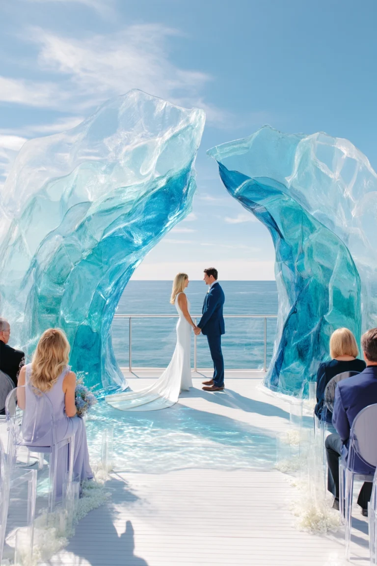 Seaside wedding ceremony with blue and white theme, modern elegance