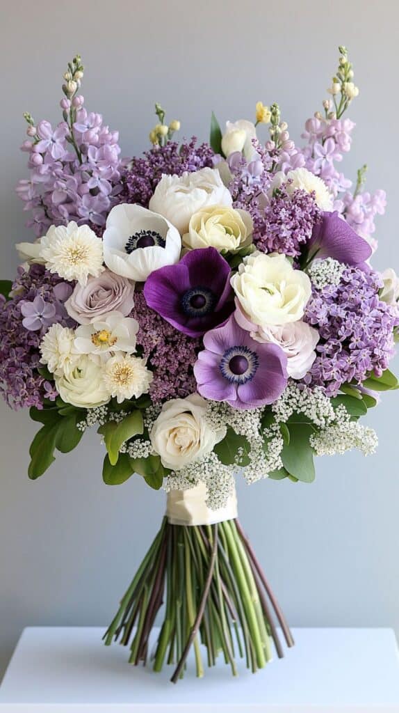 Bridal bouquet with purple anemones and roses, elegant spring wedding