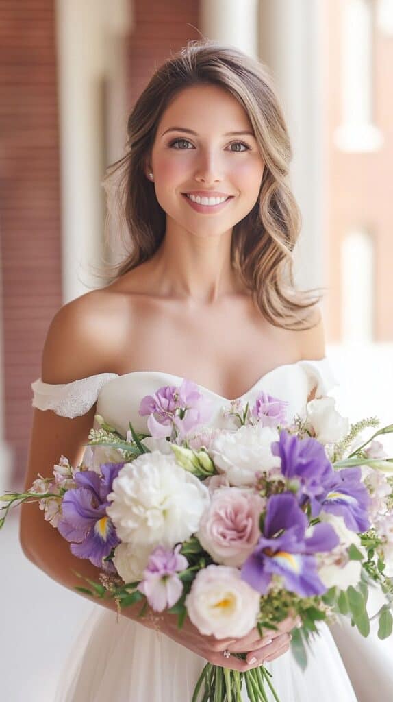 Bridal bouquet with lilac and white flowers, soft spring elegance