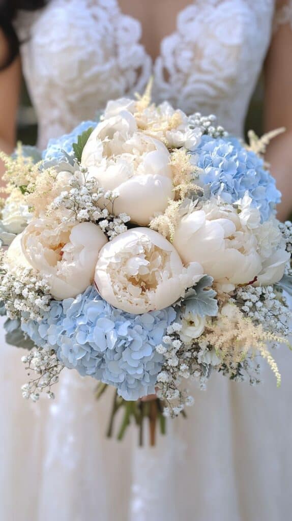 Bridal bouquet with blue hydrangeas and white peonies, elegant spring wedding