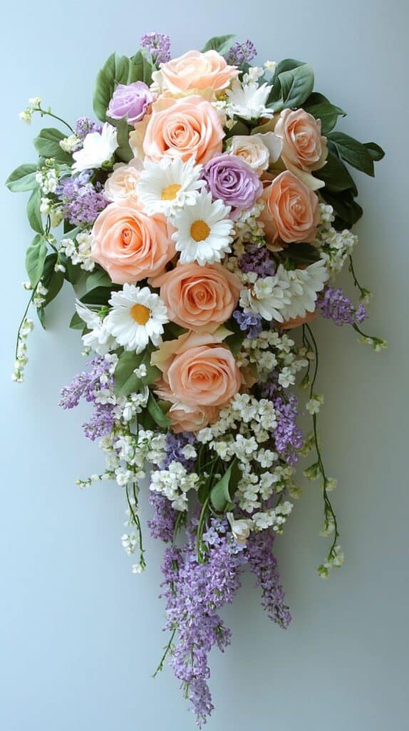 Cascading bridal bouquet with peach roses and lilac, romantic spring wedding