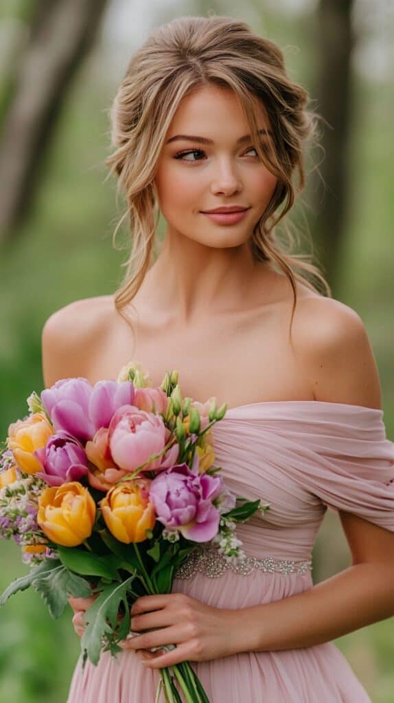 Bridal bouquet with pink and yellow tulips, vibrant spring wedding
