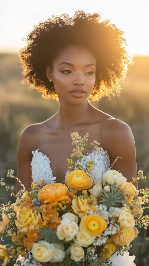 Bridal bouquet with yellow roses, sunset wedding vibe