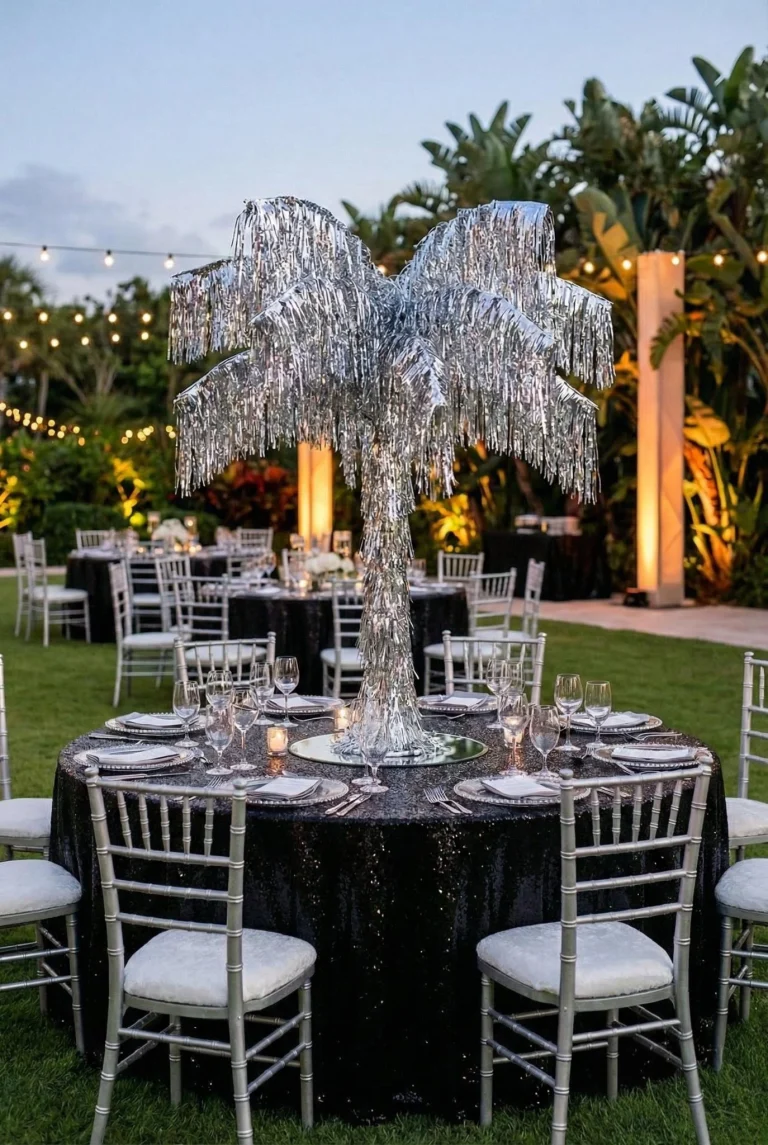 Silver palm centerpiece at outdoor wedding, glamorous evening setting