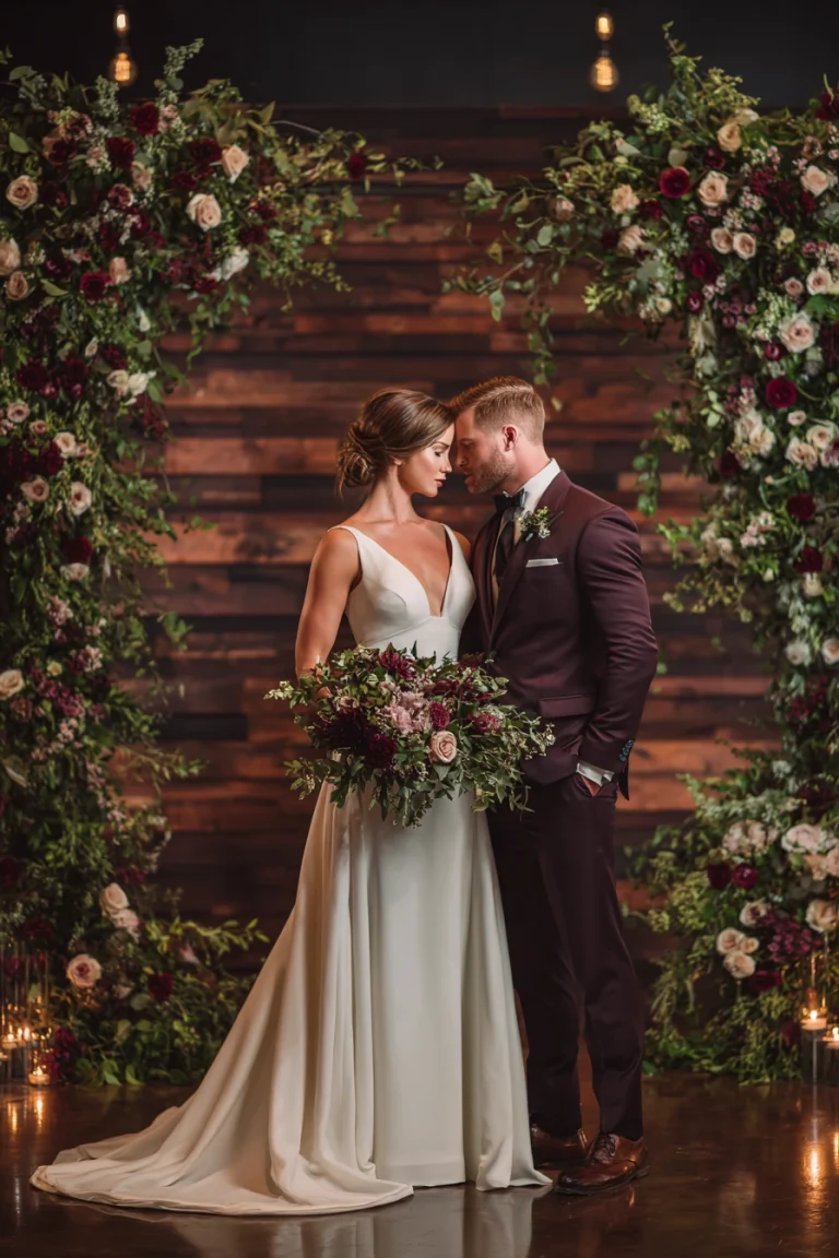 Moody floral arch with burgundy and green, romantic evening wedding