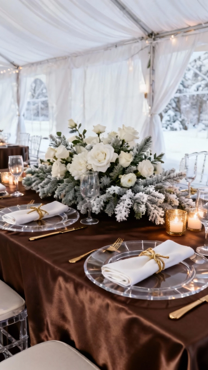 White floral centerpiece with winter theme, elegant wedding table setting