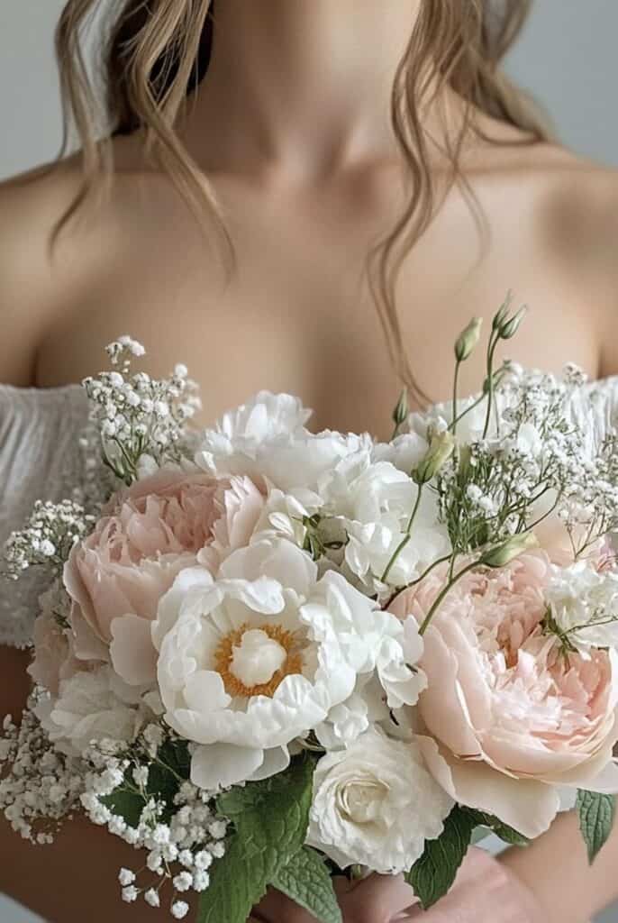 Bridal bouquet with blush peonies and roses, romantic spring wedding