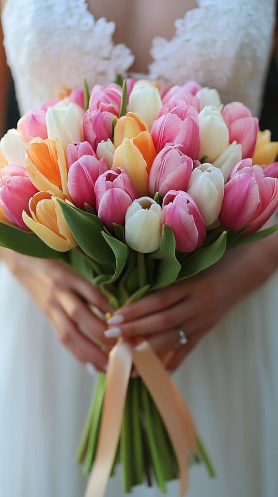 Bridal bouquet with multicolored tulips, vibrant spring wedding