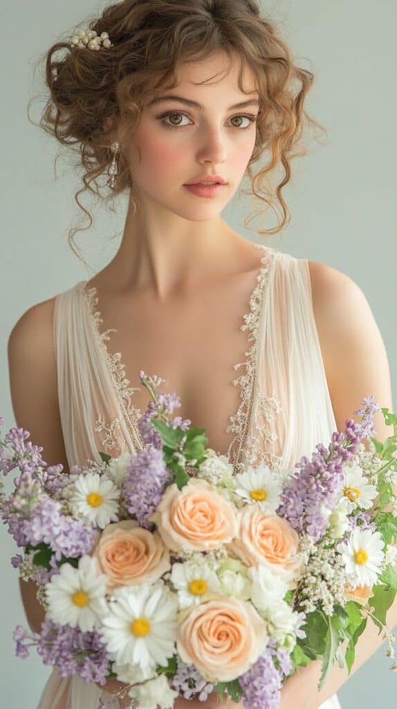 Pastel wedding bouquet with roses and lilacs, romantic, bridal style