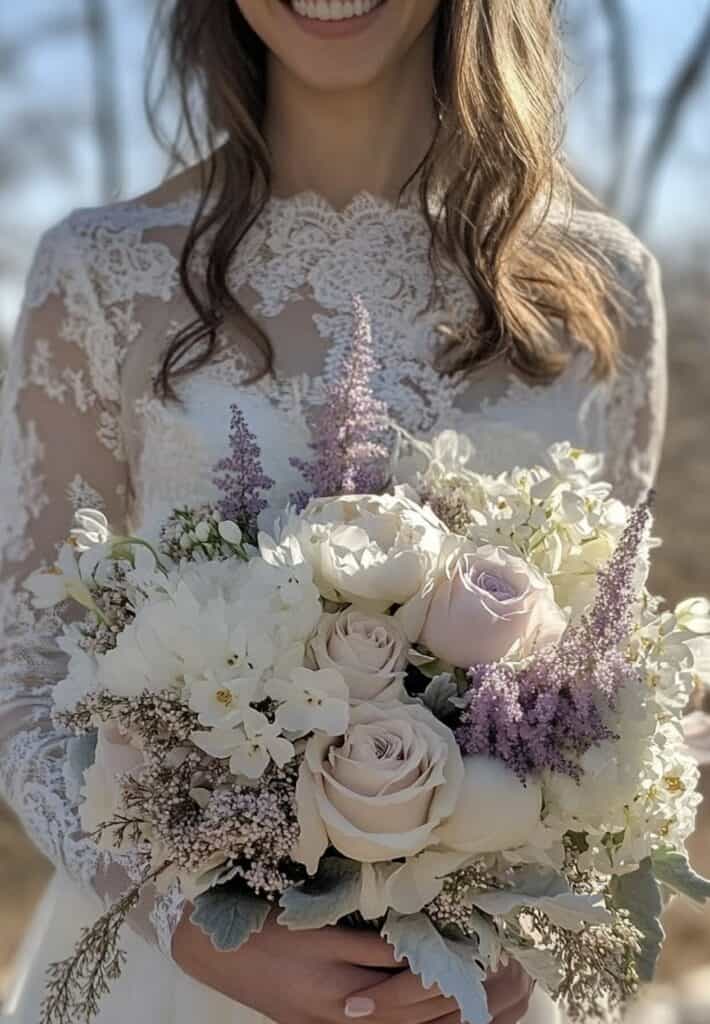 Lavender and white wedding bouquet, elegant, classic bridal look