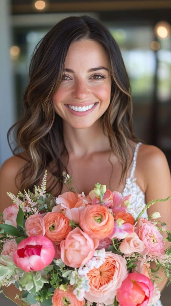 Peach and coral wedding bouquet, cheerful, vibrant bridal style