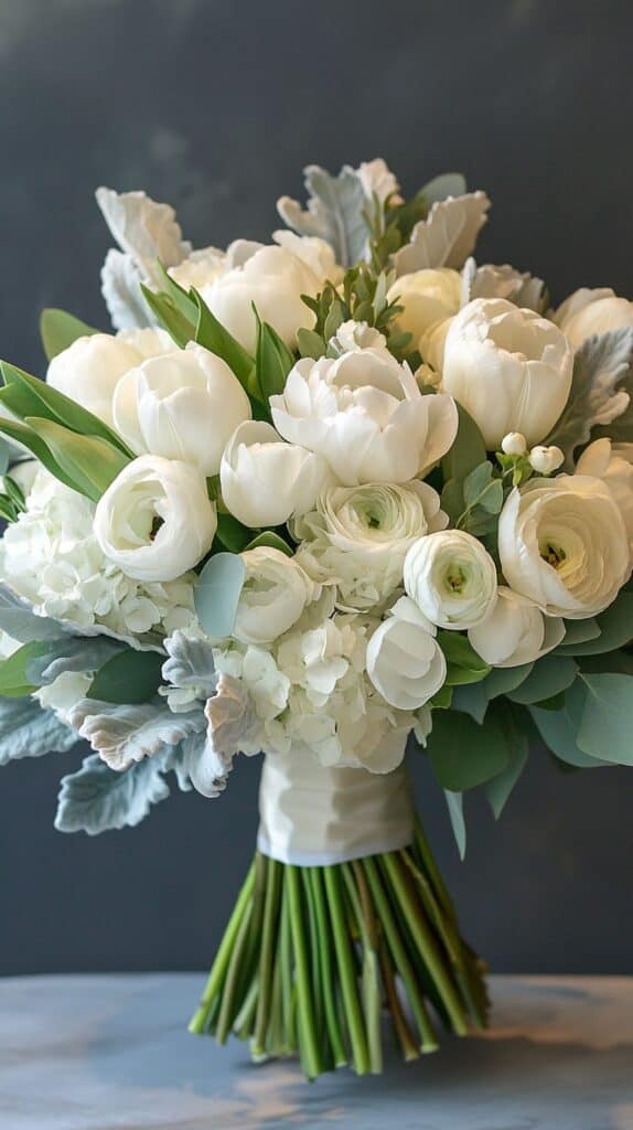 White tulip wedding bouquet, classic, timeless bridal look