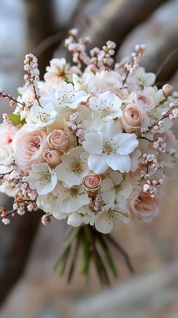 Cherry blossom wedding bouquet, delicate, romantic spring theme